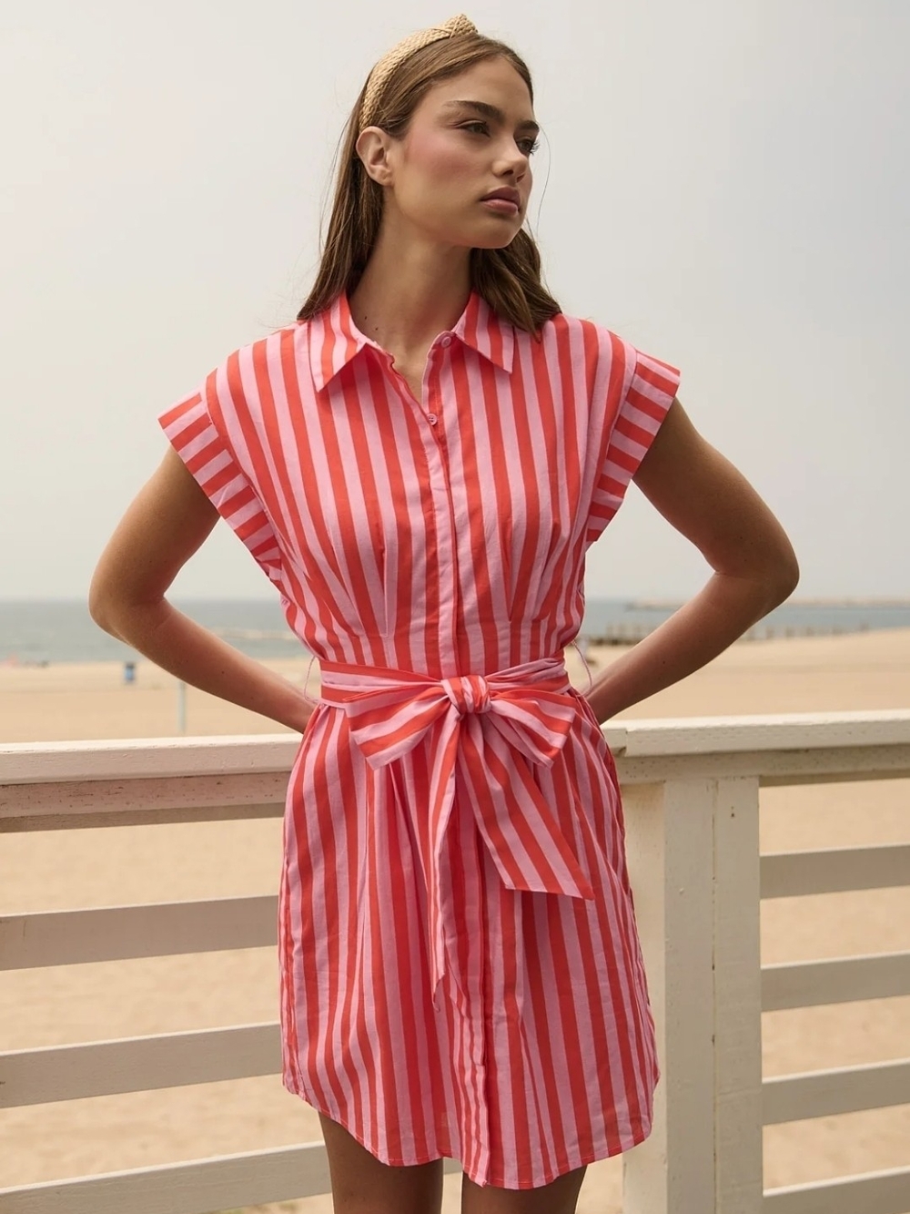 Sugarlips Pink and Coral Striped Shirt Dress with Waist Tie